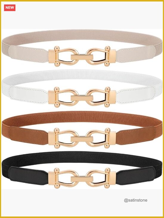 4 Pack Women Skinny Elastic Waist Belt Gold Buckle Stretchy Thin Belt for Jeans main image 5
